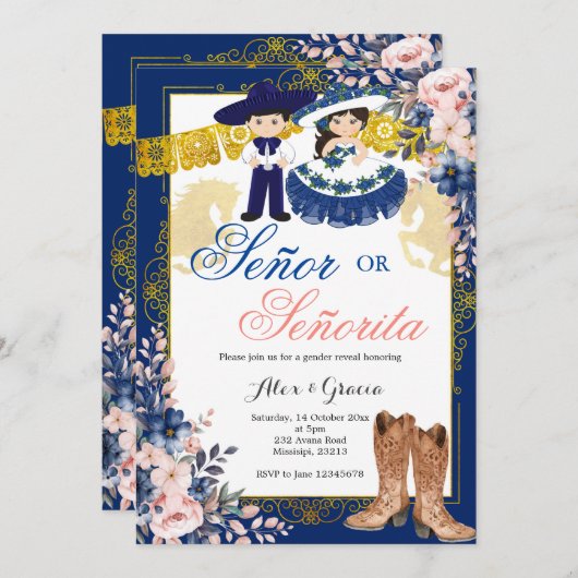 金ゴールド王室のブルーのセノールまたはセノリタの性別の表示 招待状 (正面/裏面)