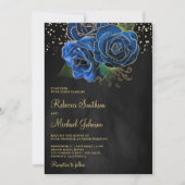 金ゴールド王室のブルーフローラオールインワンブラック結婚 招待状 (正面)