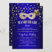 金ゴールド王室のブルーマスカレーボール誕生日パーティー 招待状 (正面/裏面)
