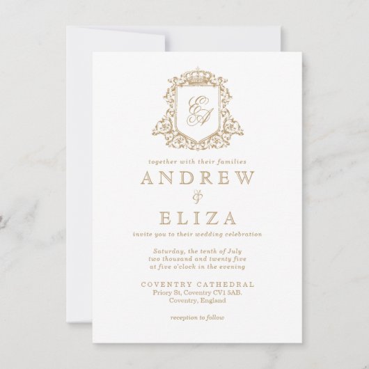 金ゴールド王室のモノグラムクレスト結婚式招待状 招待状 (正面)