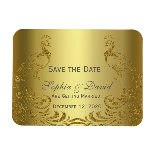 金ゴールド王室の抽象芸術孔雀ウェディング日付を保存 マグネット (横)