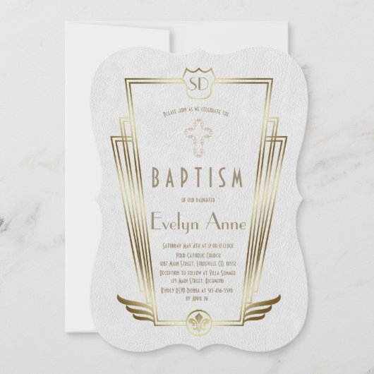 金ゴールド王室の白アールデコモノグラムバプテスマ 招待状 (正面)