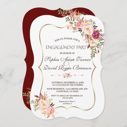 金ゴールド王室の赤面ピンクフローラブルゴーニュ婚約 招待状 (正面/裏面)