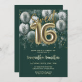 金ゴールド甘い16日バルーンパーティーエメラルドグリーン 招待状 (正面/裏面)