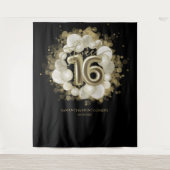 金ゴールド甘い16日バルーンパーティー黒の背景 タペストリー (正面)