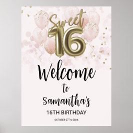 金ゴールド甘い16日風船ピンクのウェルカムサイン ポスター