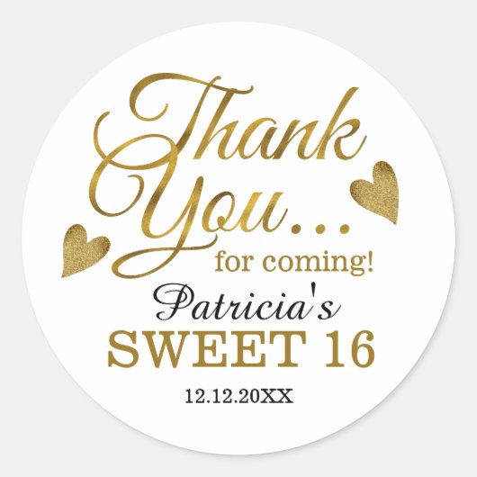 金ゴールド甘い16歳の誕生日パーティーありがとう ラウンドシール (正面)