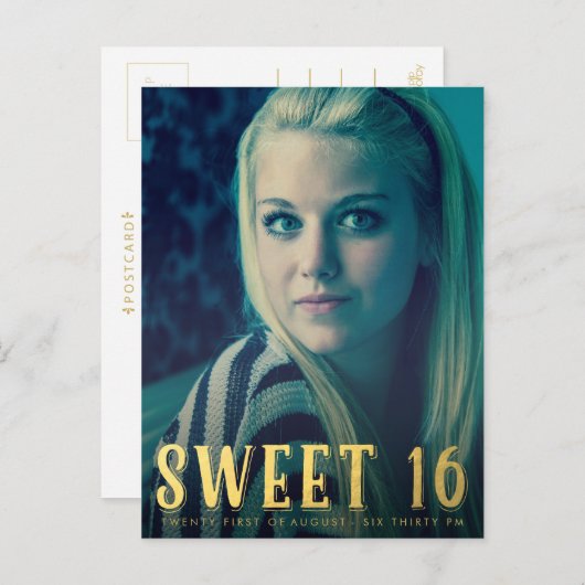 金ゴールド甘い16 16パーティー写真はがき インビテーションポストカード (正面/裏面)