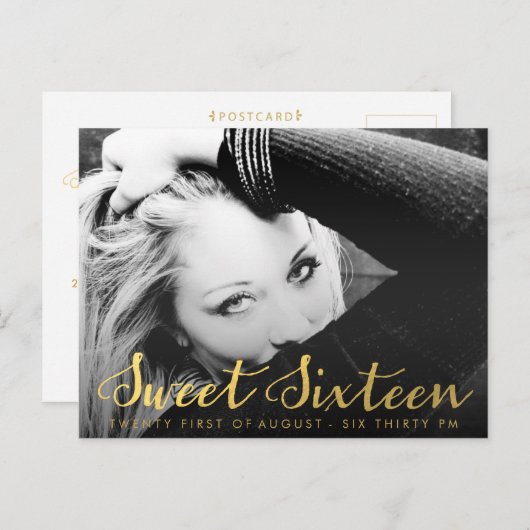 金ゴールド甘い16 16パーティー写真はがき インビテーションポストカード (正面/裏面)