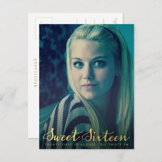 金ゴールド甘い16 16パーティー写真はがき インビテーションポストカード (正面/裏面)