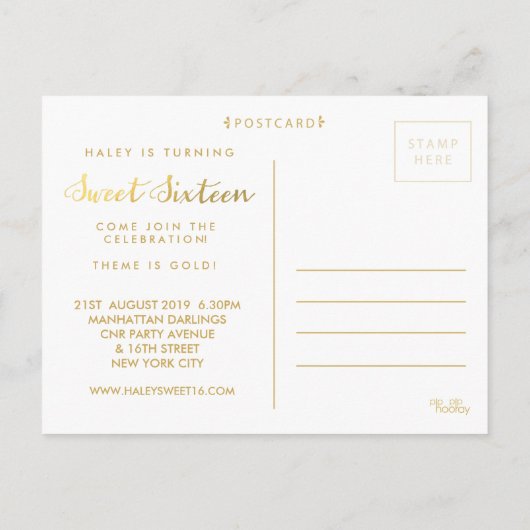 金ゴールド甘い16 16パーティー写真はがき インビテーションポストカード (裏面)