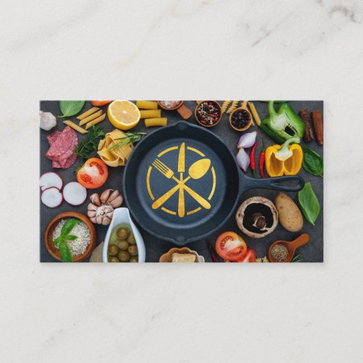 金ゴールド用具ロゴ |フライパンとフード 名刺 (正面)