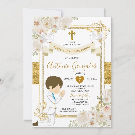 金ゴールド白い花の男の子ファースト聖餐式 招待状 (正面)