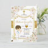 金ゴールド白い花の男の子ファースト聖餐式 招待状 (スタンド正面)