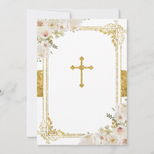 金ゴールド白い花の男の子ファースト聖餐式 招待状 (裏面)