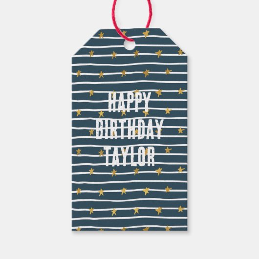 金ゴールド白い青の星とストライプ ギフトタグ (正面)