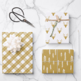金ゴールド白の混合パタ素朴ーン鹿の森のプレイド ラッピングペーパーシート