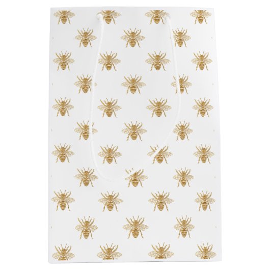 金ゴールド白の金属フェイクなホイルの写真効果の蜂 ミディアムペーパーバッグ (正面)