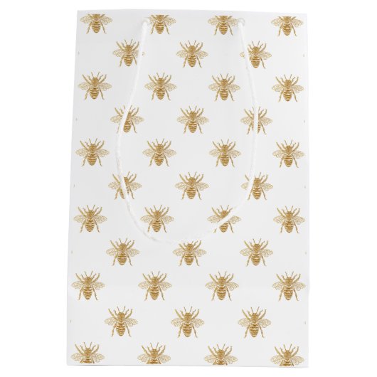 金ゴールド白の金属フェイクなホイルの写真効果の蜂 ミディアムペーパーバッグ (裏面)