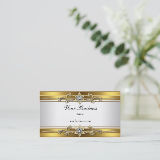 金ゴールド白エレガント品ジュエル 名刺 (スタンド正面)