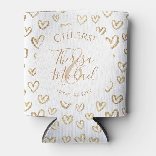 金ゴールド白ハートカスタムことわざ名の日付 缶クーラー (正面)