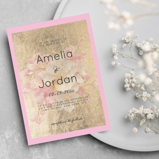 金ゴールド白ピンクさくらんぼ花フローラ結婚ズ 招待状