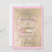 金ゴールド白ピンクさくらんぼ花フローラ結婚ズ 招待状 (正面)