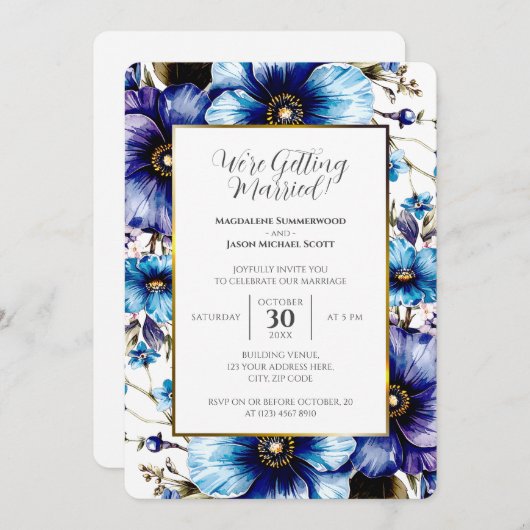 金ゴールド白フレームブルーパープルフローラ背景 招待状 (正面/裏面)