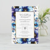 金ゴールド白フレームブルーパープルフローラ背景 招待状 (スタンド正面)
