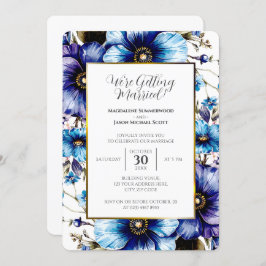金ゴールド白フレームブルーパープルフローラ背景 招待状