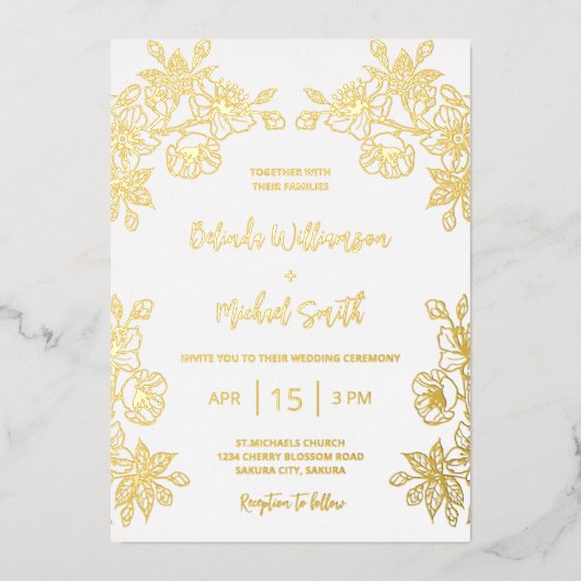 金ゴールド白フローラ結婚ズ 箔招待状 (正面)