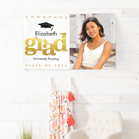 金ゴールド白卒業写真モダンはっきりしたタイポグラフィ 横断幕 (インサイチュ)