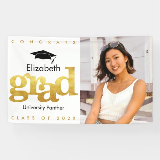 金ゴールド白卒業写真モダンはっきりしたタイポグラフィ 横断幕 (横)