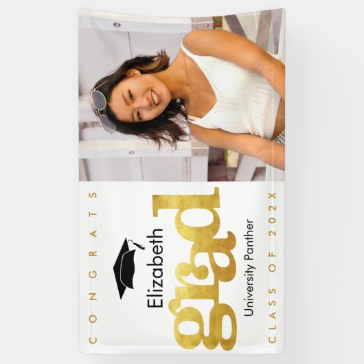 金ゴールド白卒業写真モダンはっきりしたタイポグラフィ 横断幕 (縦)