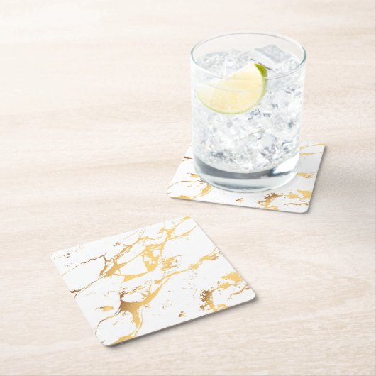 金ゴールド白大理石アクリルペイント抽象芸術アート スクエアペーパーコースター (インサイチュ)