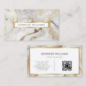 金ゴールド白大理石エレガントQRモダンコード 名刺 (正面/裏面)