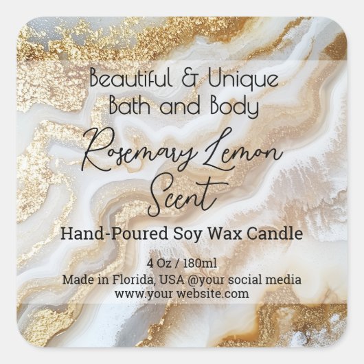 金ゴールド白大理石ボトルキャンドル製品ラベル スクエアシール (正面)