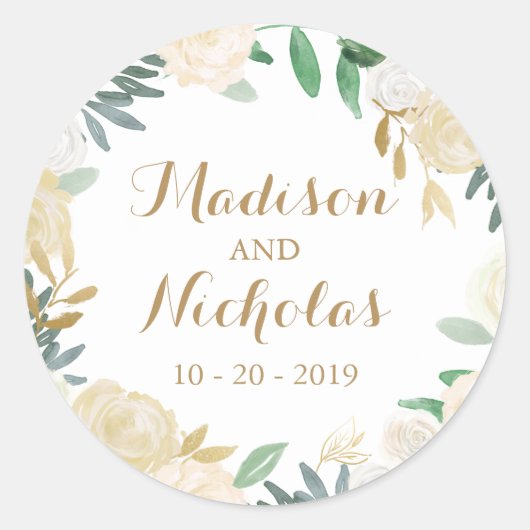 金ゴールド白結婚花封筒用シール ラウンドシール (正面)