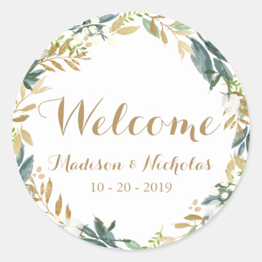 金ゴールド白花リース結婚のウェルカムステッカー ラウンドシール (正面)