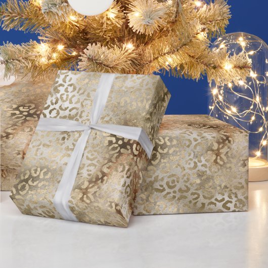 金ゴールド白褐色ヒョウ柄 ラッピングペーパー (クリスマス)