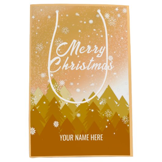 金ゴールド白雪平和な森クリスマス新年 ミディアムペーパーバッグ (正面)