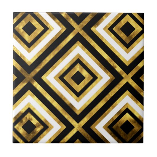 金ゴールド白黒の水色ダイヤモンドジオメトリック タイル (正面)