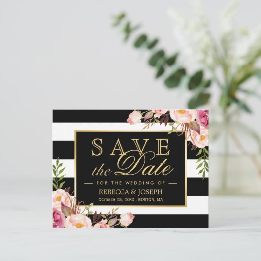 金ゴールド白黒ストライプフローラ日付の保存 ポストカード (スタンド正面)