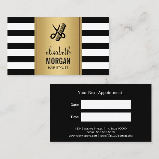 金ゴールド白黒ストライプ美容師アポイントメント 予約カード (正面/裏面)