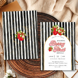 金ゴールド白黒ストライプ1stバースデーストロベリー 招待状