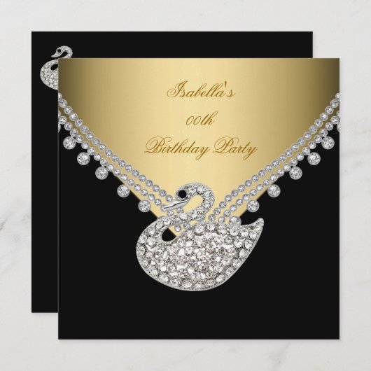 金ゴールド白黒スワンエレガントバースデーパーティー 招待状 (正面/裏面)