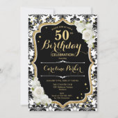 金ゴールド白黒ダマスク写真50誕生日 招待状 (正面)
