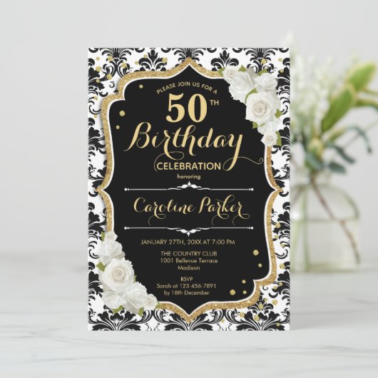 金ゴールド白黒ダマスク写真50誕生日 招待状 (スタンド正面)