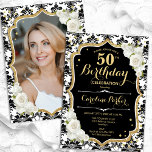 金ゴールド白黒ダマスク写真50誕生日 招待状<br><div class="desc">エレガントフローラ50歳の誕生日の招待状とカードの後ろの写真。グラム白黒デザインとフェイクグリッター金ゴールド。黒と白のダマスクパターン、バラ、スクリプトフォント、および紙吹雪を備えている。大人スタイリッシュのお祝いパーティーに最適。独自の詳細でパーソナライズどんなカスタマイズ年でもいい！印刷されたZazzle招待状または即時ダウンロードのデジタル印刷可能なテンプレート。</div>