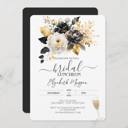 金ゴールド白黒フラワーズブライダルルンチョン 招待状 (正面/裏面)